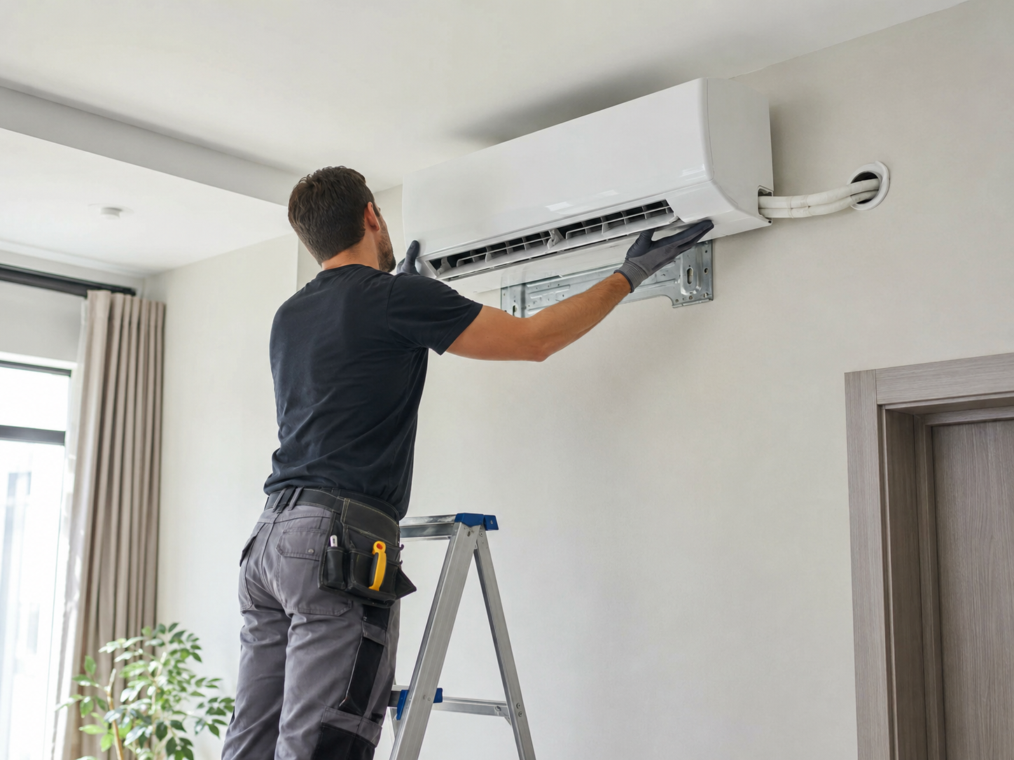 HVAC technician measuring airflow and checking refrigerant lines during precise AC system setup