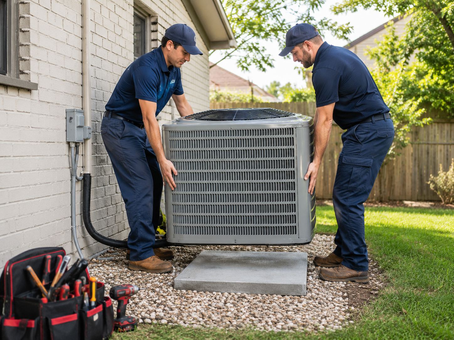 New outdoor AC condenser installed beside Jarrell home during summer system replacement