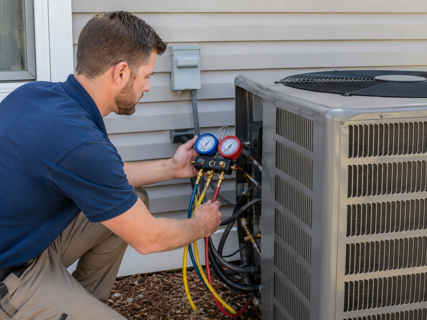 Technician inspecting AC connections and airflow readings during detailed residential system installation