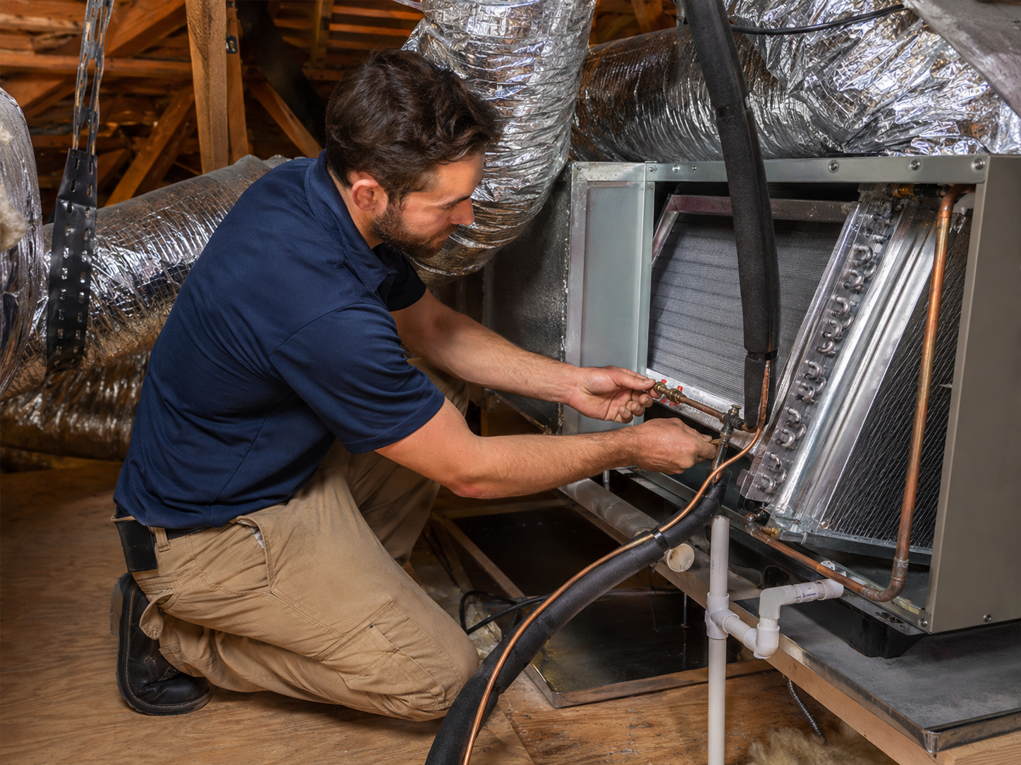 Technician replacing aging AC condenser outside Leander home before peak summer heat