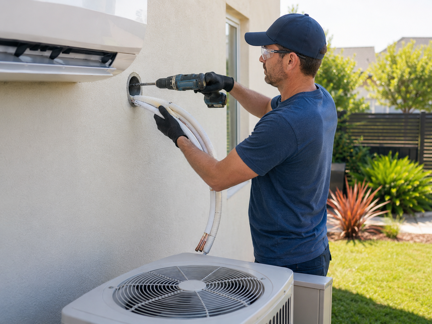 HVAC installer checking refrigerant lines and airflow measurements during residential AC system setup